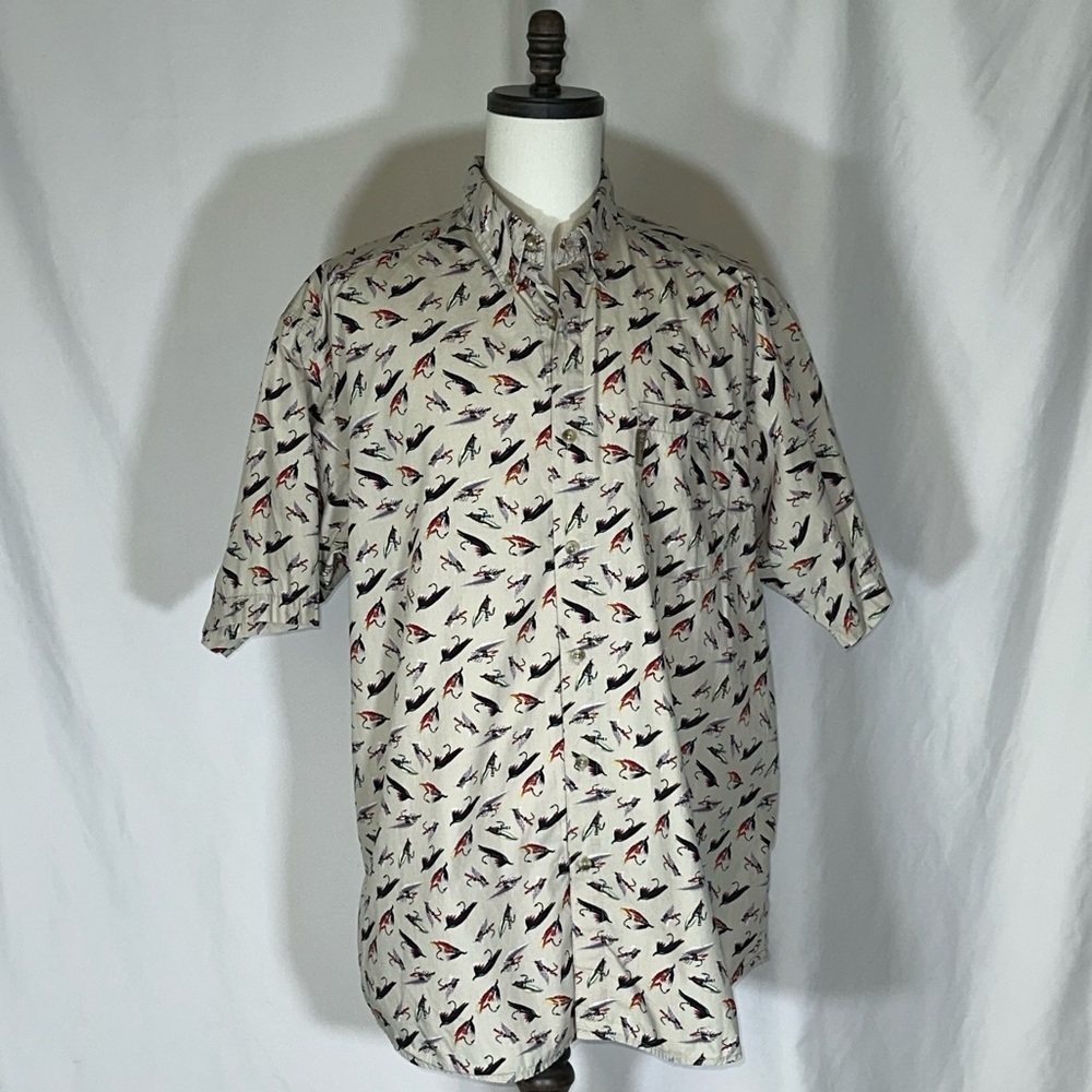 Columbia Men Button Up Shirt XXL Beige Fishing Tackle Lure Short Sleeve Vintage